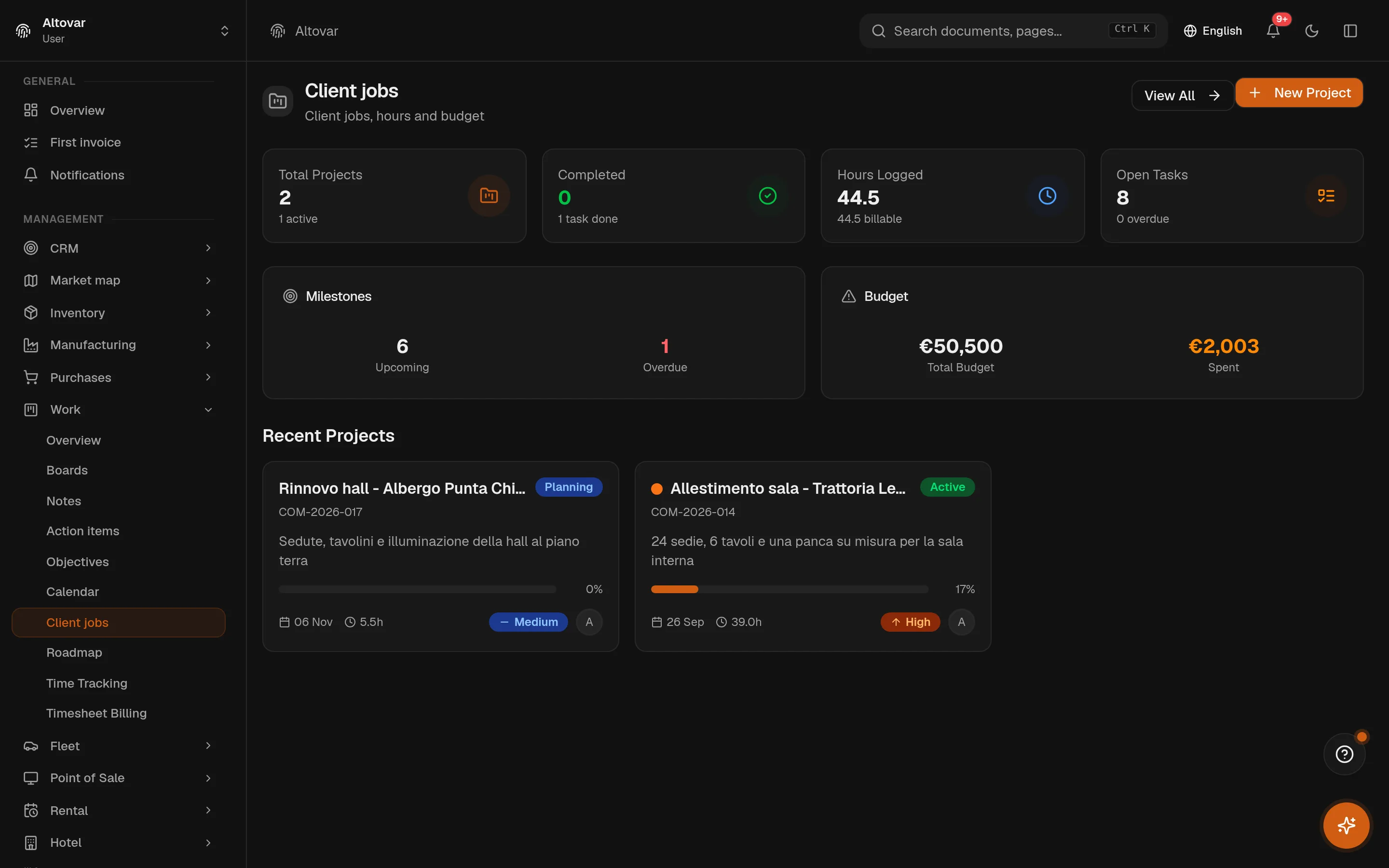 The Equinox projects dashboard: project and task counters, hours and milestones, with two demo projects — a restaurant dining-room fit-out and a hotel hall renovation.