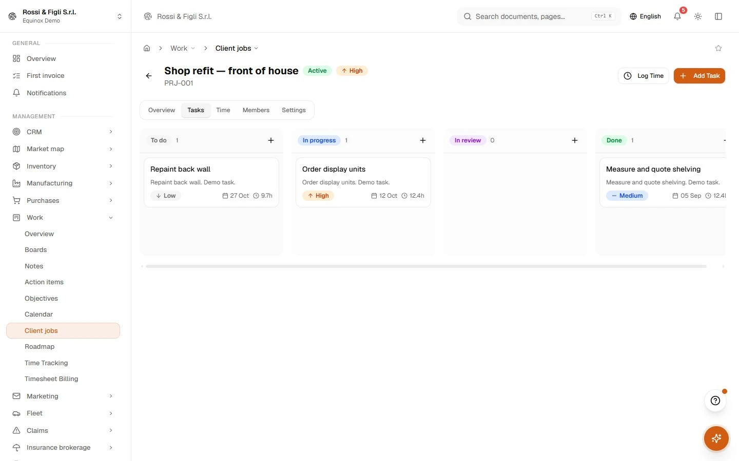 The Equinox project tasks board: columns by state with the tasks of a demo project, their priority and due dates.