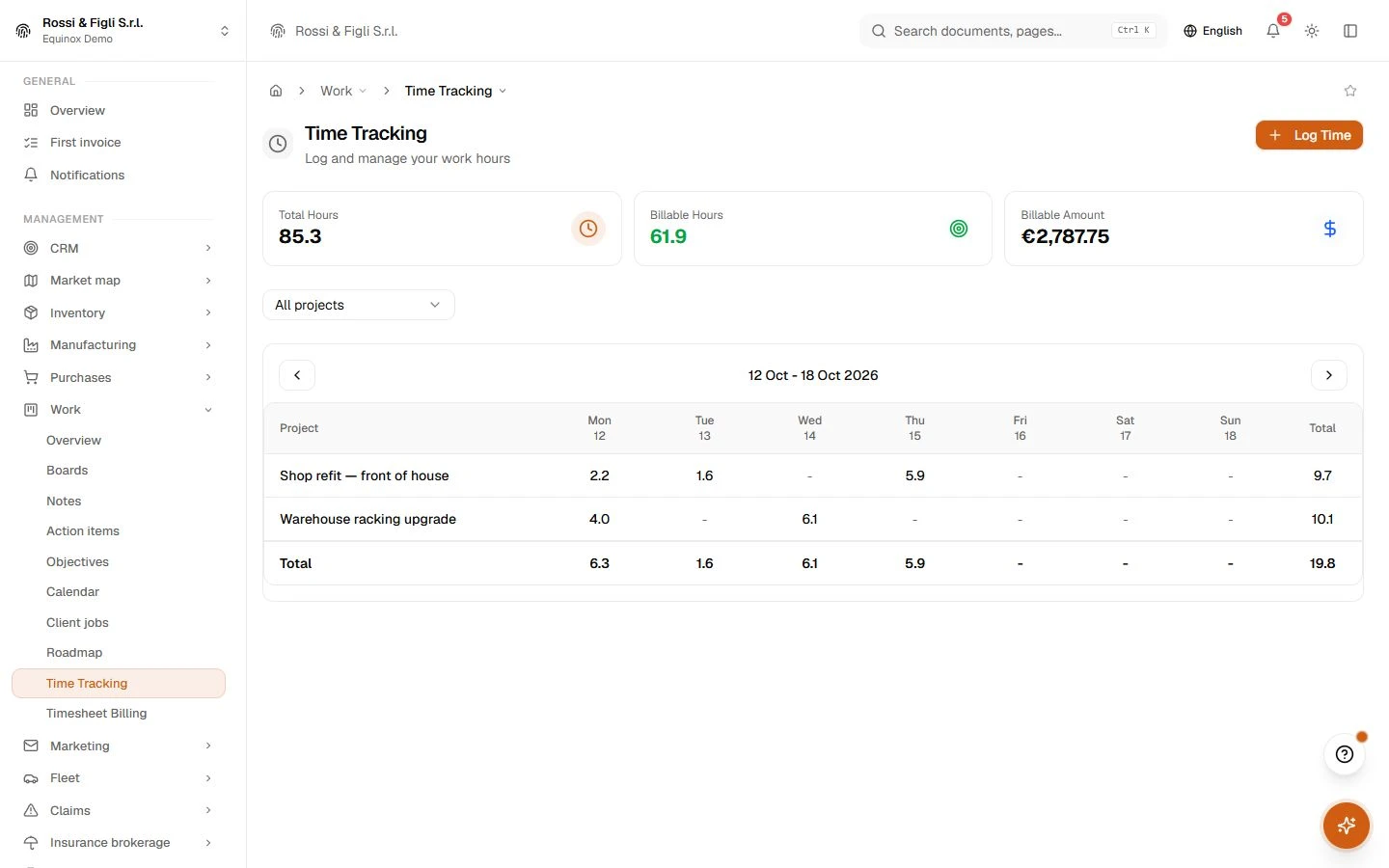 The Equinox time tracking view: time entries of a demo project with date, person, task, hours, billable flag and rate.