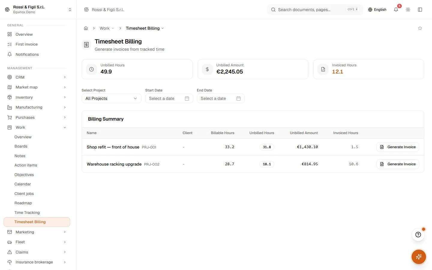 The Equinox timesheet billing view: unbilled billable hours of a demo practice grouped per project and client with their amount.