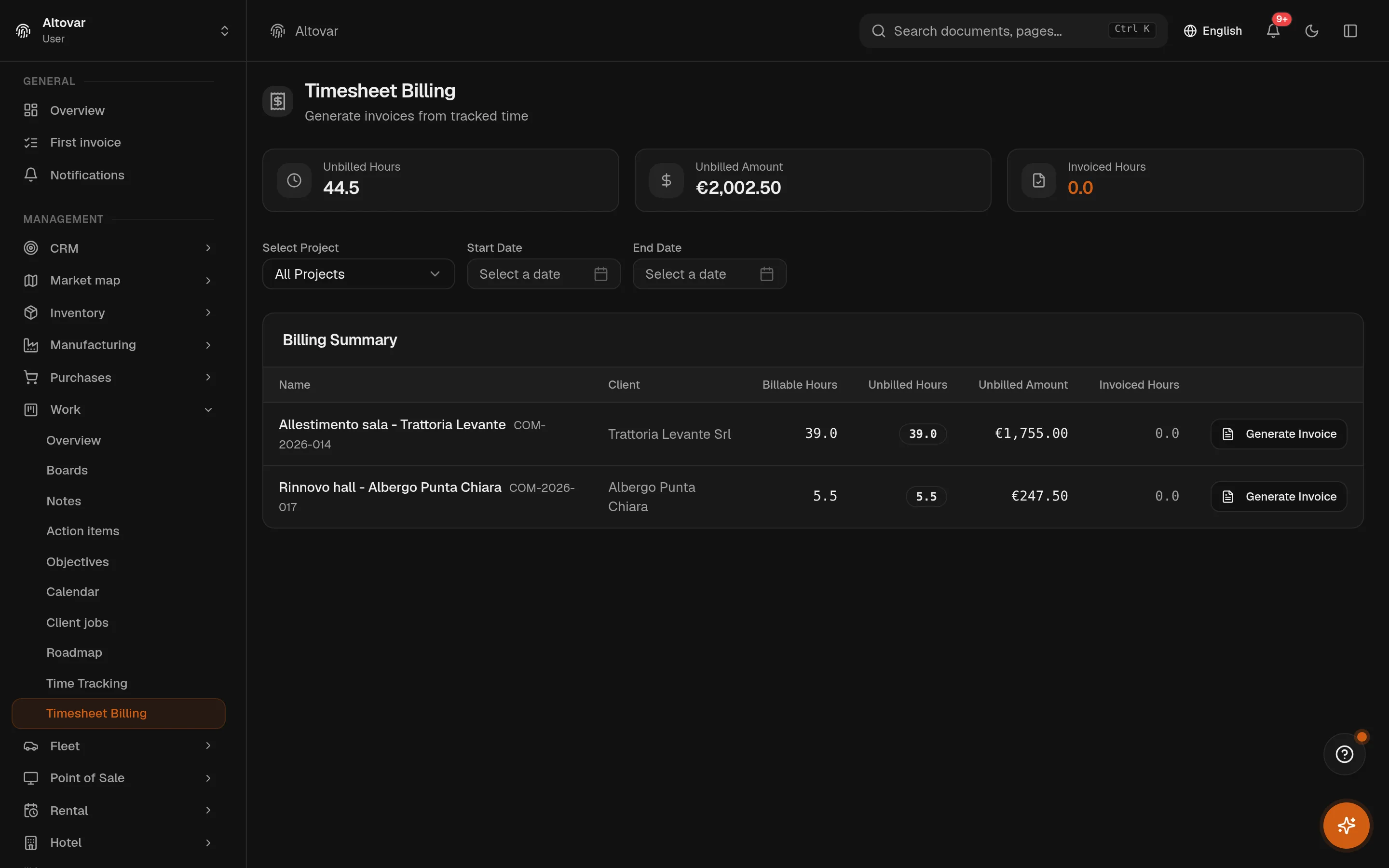 The Equinox timesheet billing page: unbilled hours and amounts grouped by project and client — €1,755.00 and €247.50 — each with a generate-invoice button.