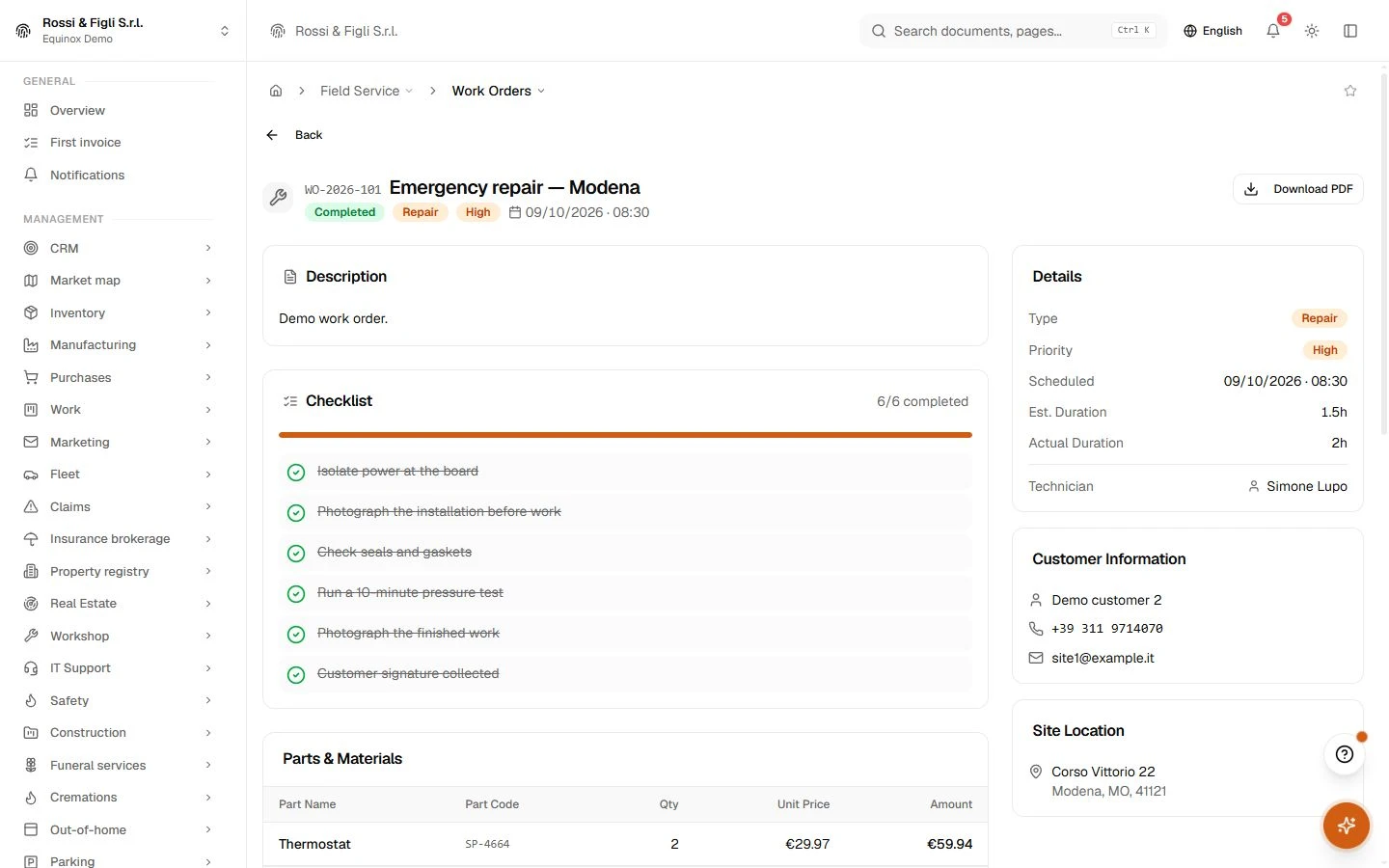 A work order in Equinox: customer, site, state, the checklist with its required items, parts, time logs and the signature block.