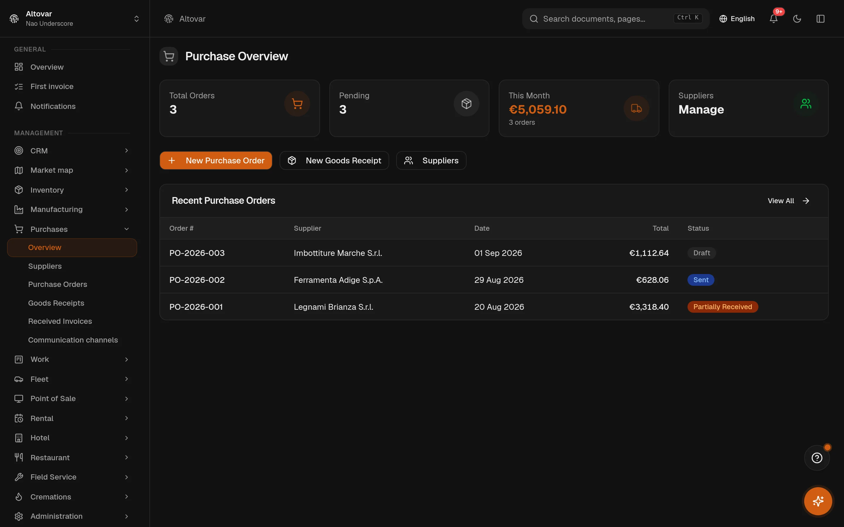 The Equinox purchasing overview: order statistics, monthly value and the latest supplier orders of a demo company.