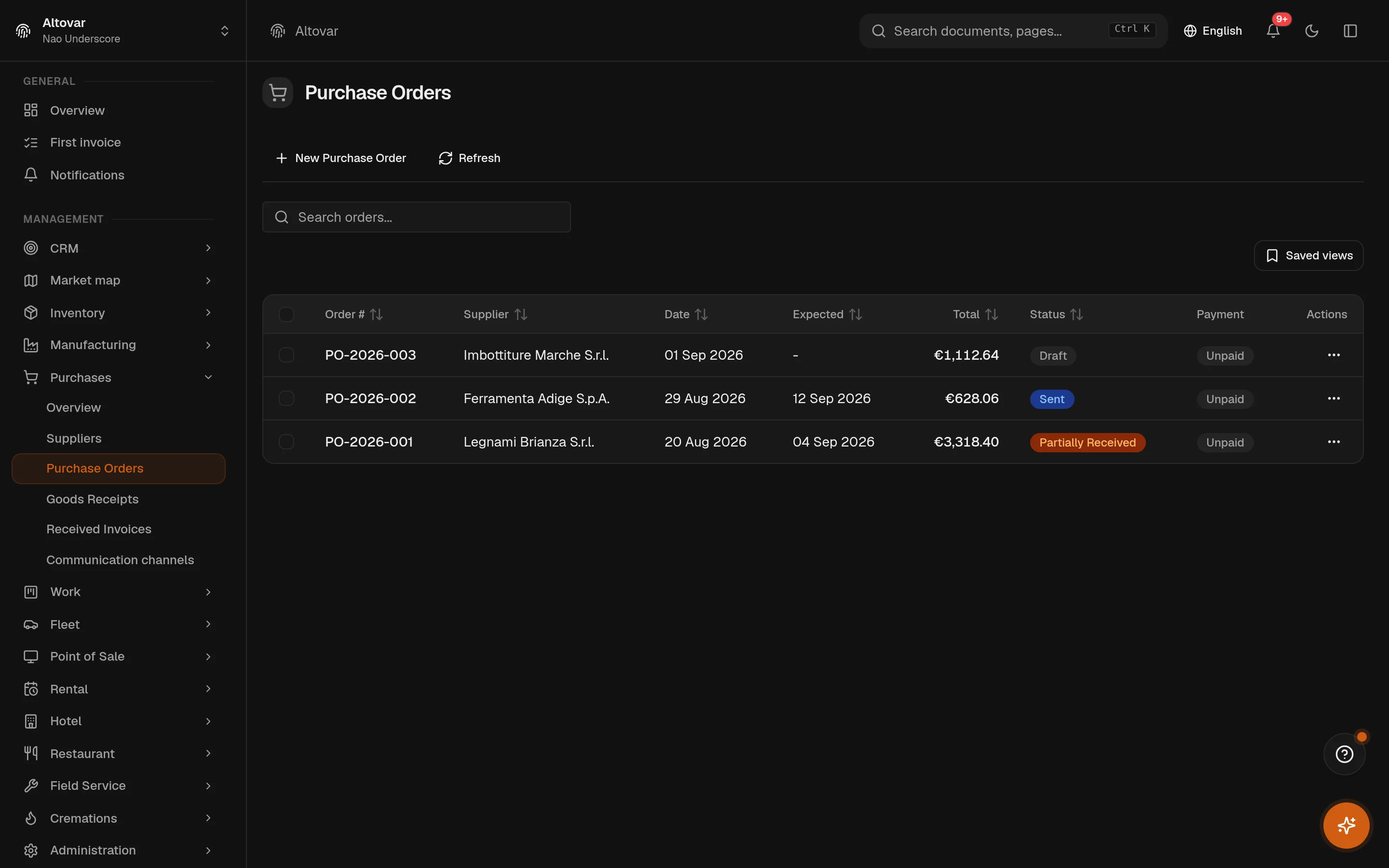 The Equinox purchase orders list: numbered orders with supplier, dates, totals and their current state.