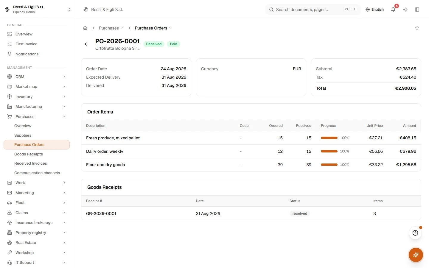 A supplier order in Equinox: lines with ordered and received quantities, the linked goods receipt and the order state.