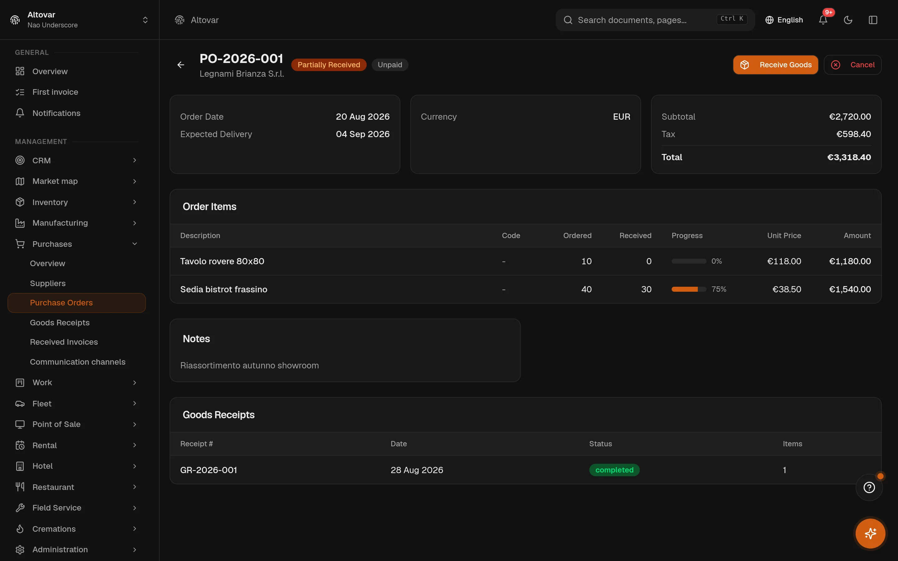 An Equinox purchase order in detail: lines with ordered-versus-received progress bars, totals, and the linked goods receipts.