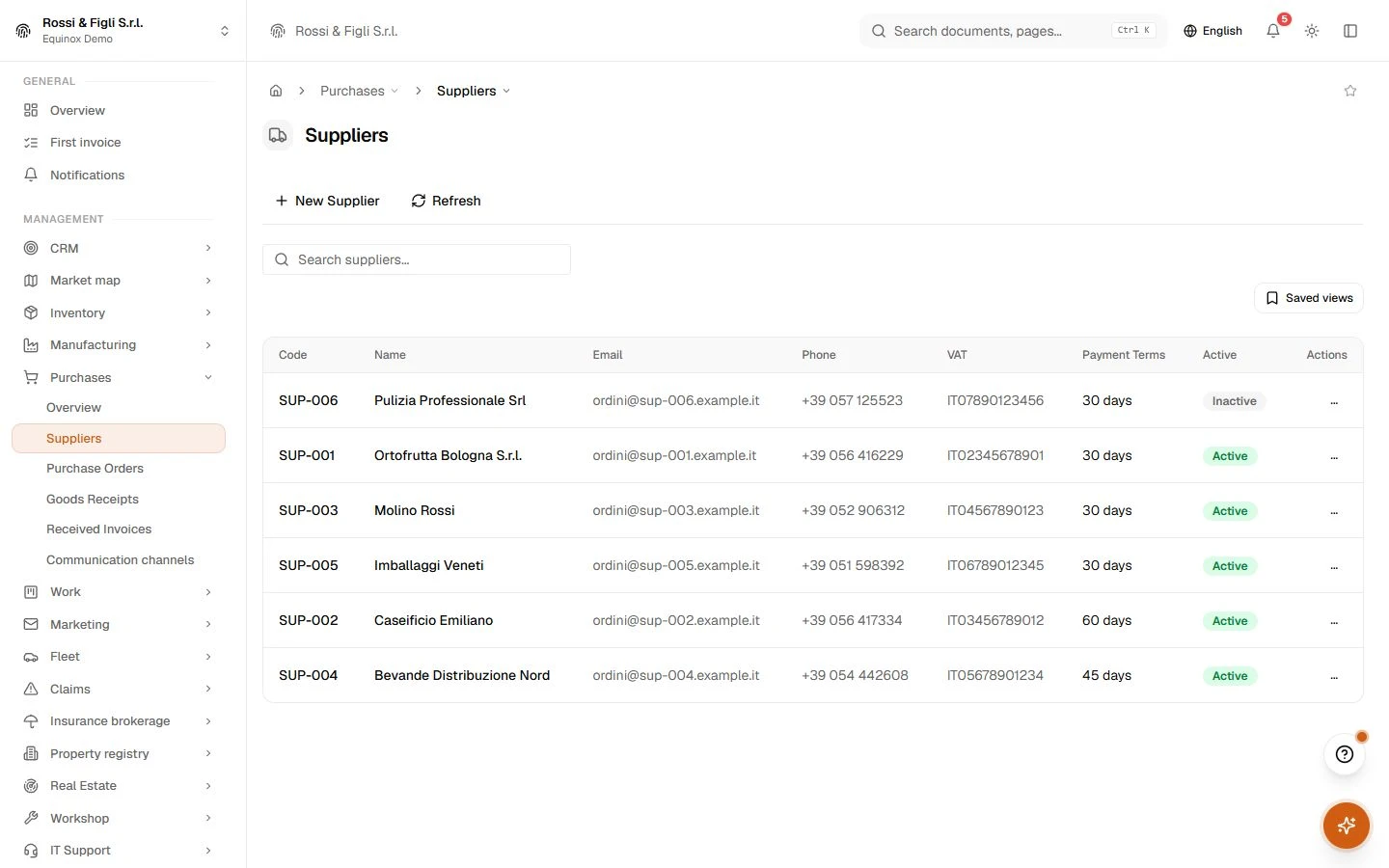 The Equinox suppliers list: codes, names, contact details, VAT numbers and payment terms.