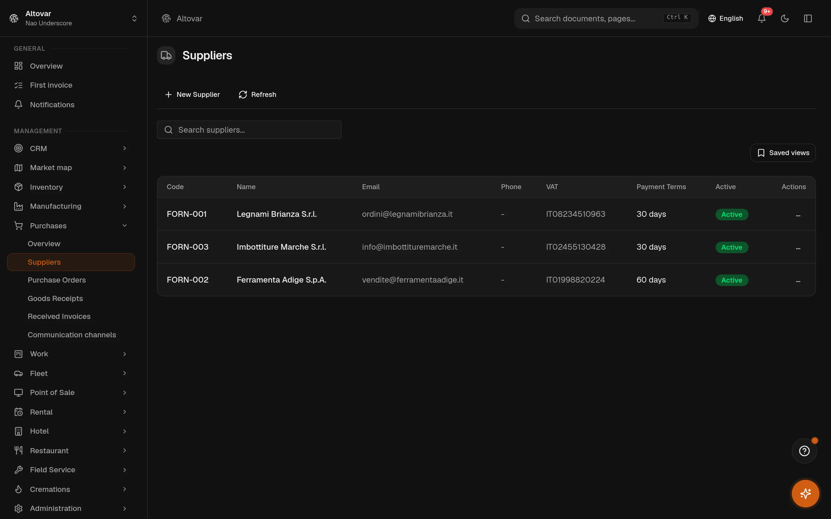 The Equinox suppliers list: codes, names, contact details, VAT numbers and payment terms.