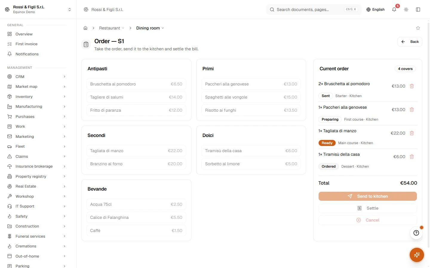 The Equinox table order screen: the menu of a demo trattoria by category on one side, the open order for the table with quantities, notes and running total on the other.