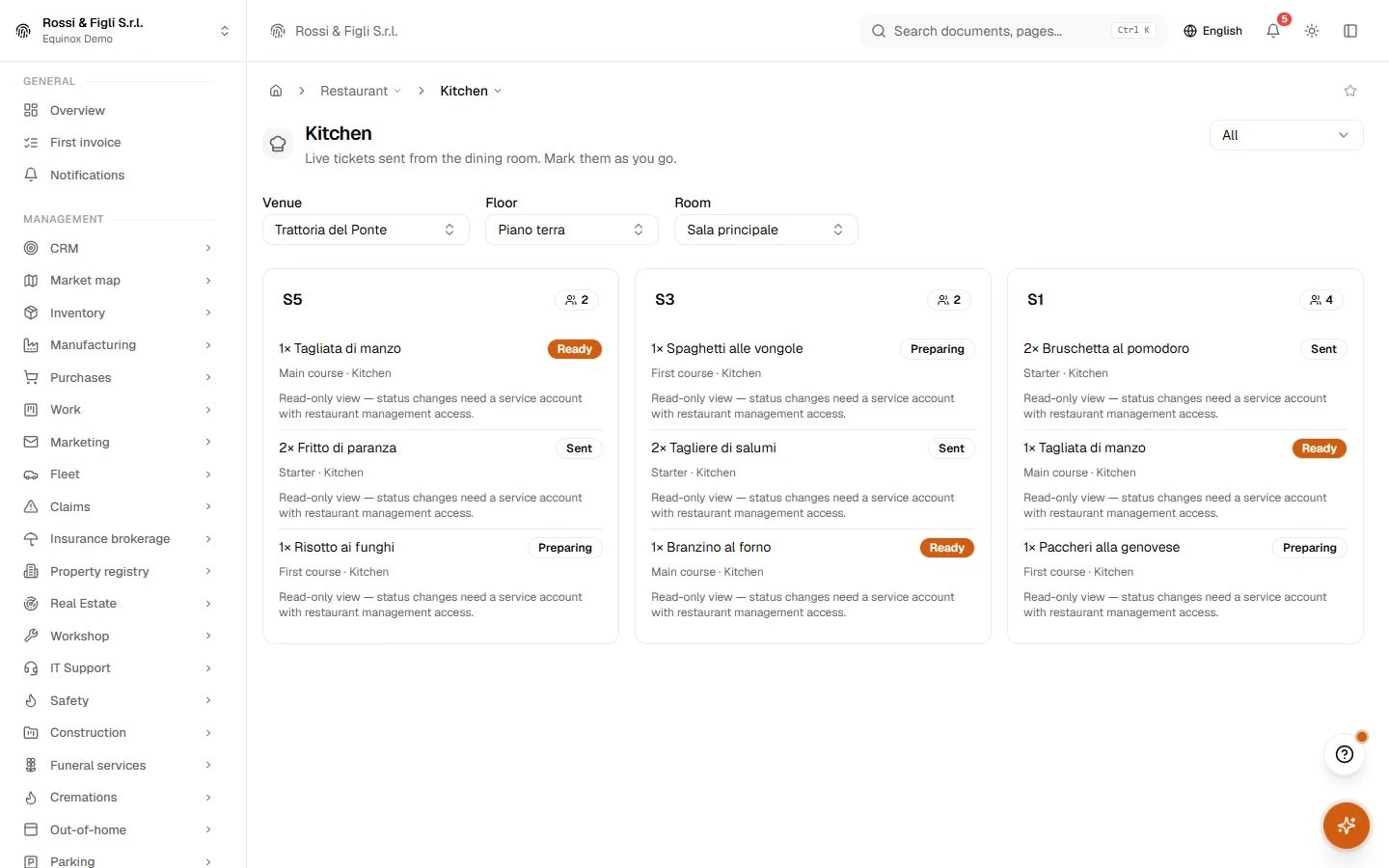 The Equinox kitchen screen: three sent orders of a demo trattoria as cards, each line with quantity, dish, course, station and the preparing, ready and served buttons.