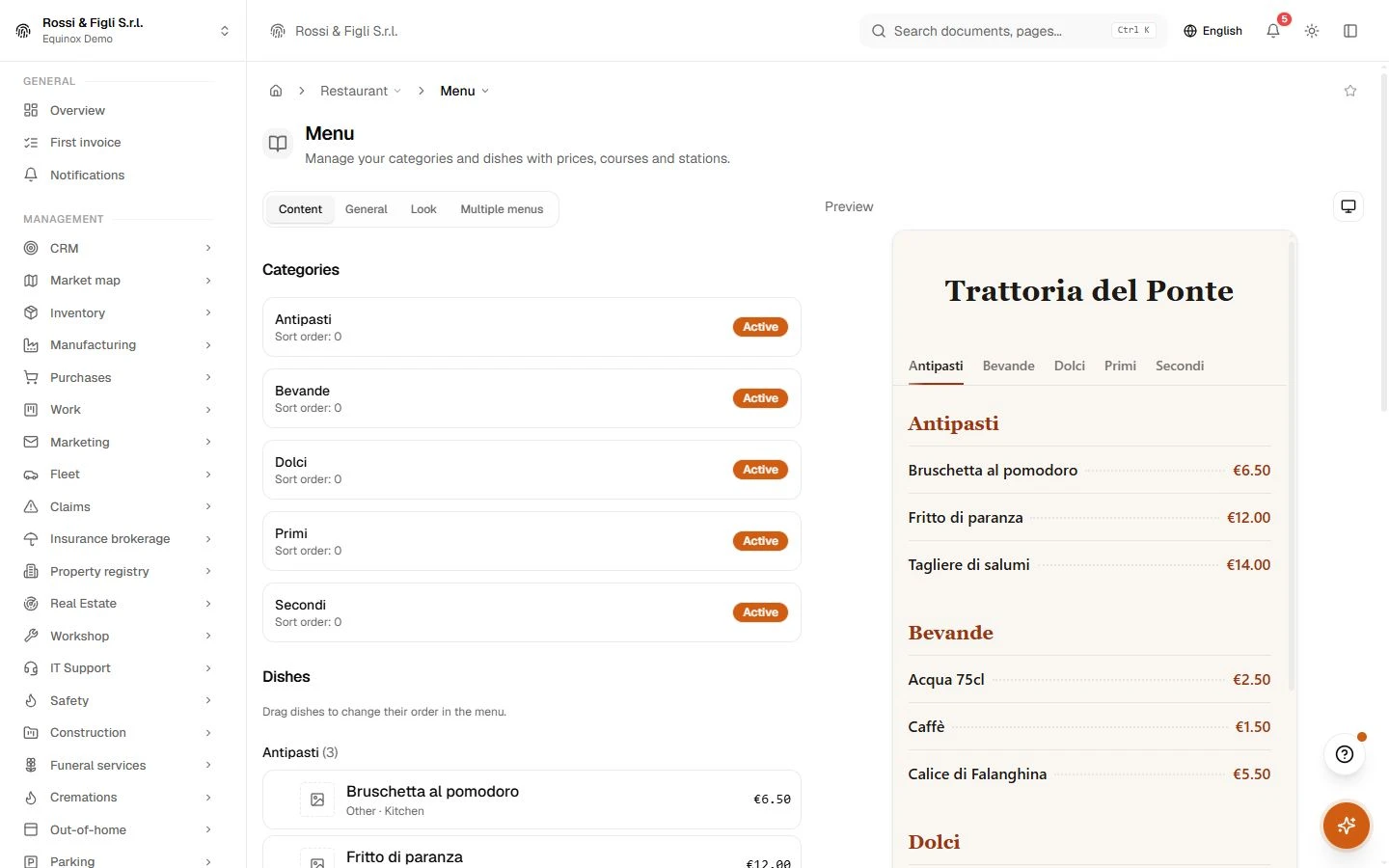 The Equinox menu editor: the categories of a demo trattoria with their status on the left, the live preview of the public menu with dishes and prices on the right.