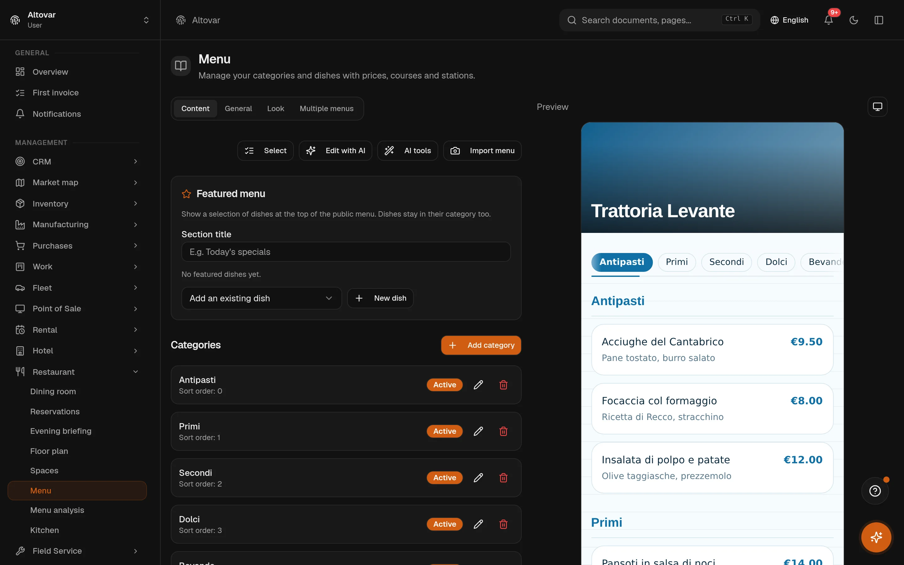 The Equinox menu editor: the categories of a demo trattoria with their status on the left, the live preview of the public menu with dishes and prices on the right.