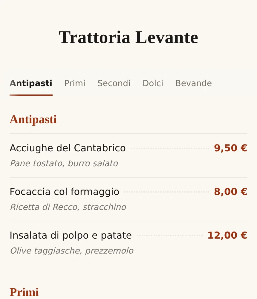 The public QR menu of a demo trattoria on a phone: venue name, category tabs, the starters with description and price, the first course heading.