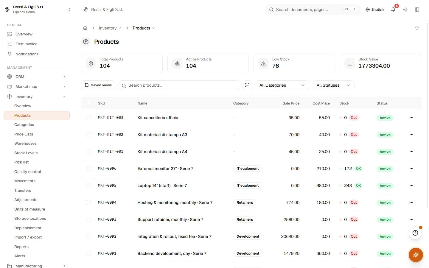 The Equinox products list: articles of a demo company with code, name, price, stock and category.