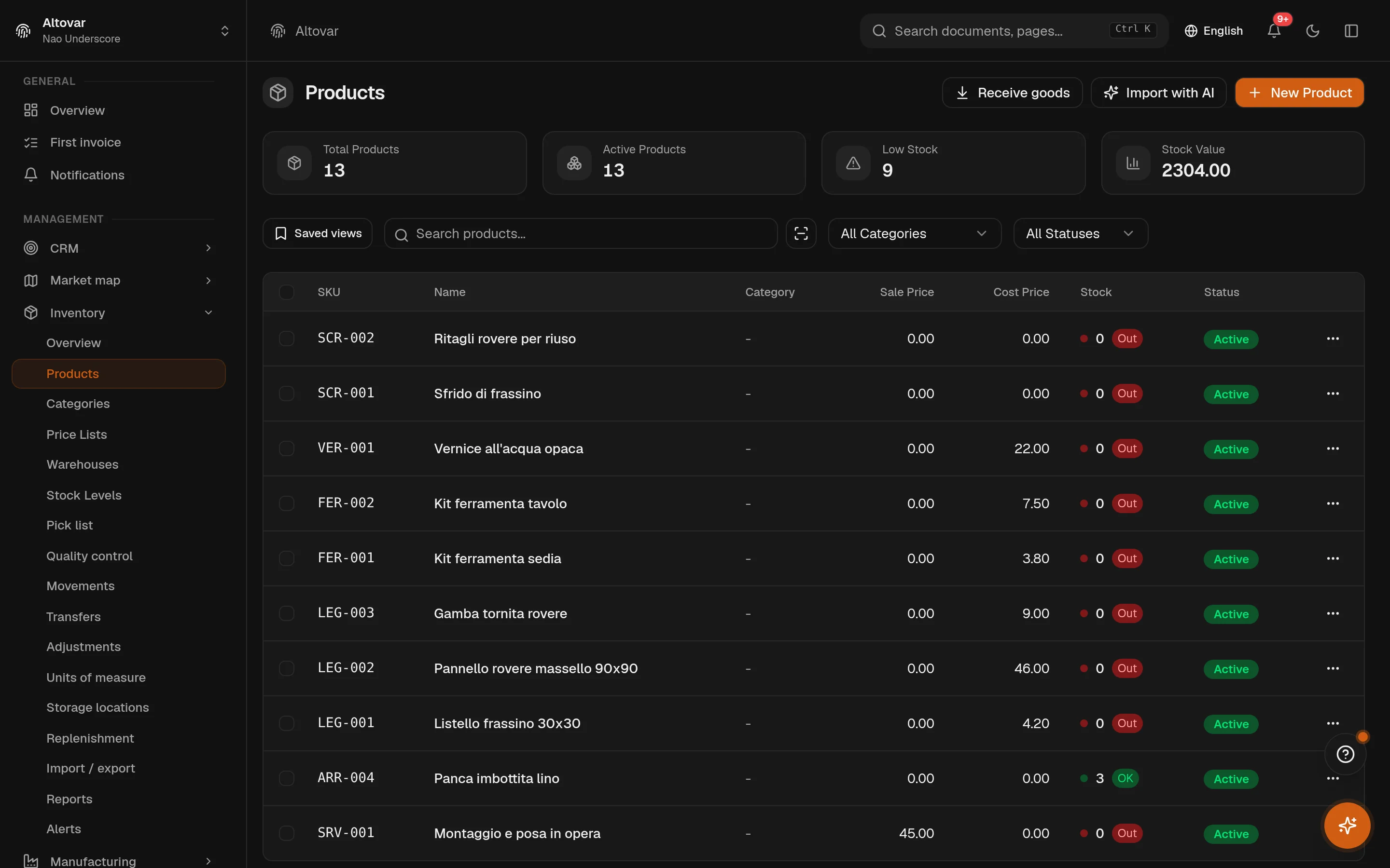 The Equinox product list: SKUs, names, sale and cost prices, stock and status for a demo catalogue.