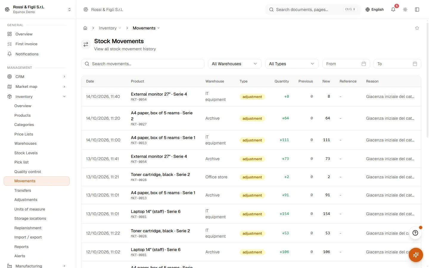 The Equinox stock movements log: dated entries with type, product, quantity change and running totals.