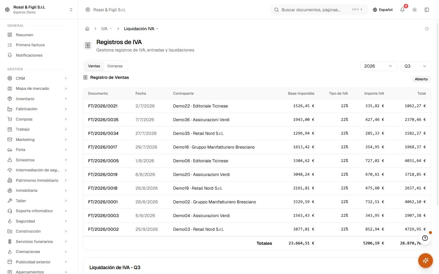 El área de IVA de Equinox: registros periódicos de IVA de una empresa demo con bases imponibles, tipos y totales de IVA por periodo.