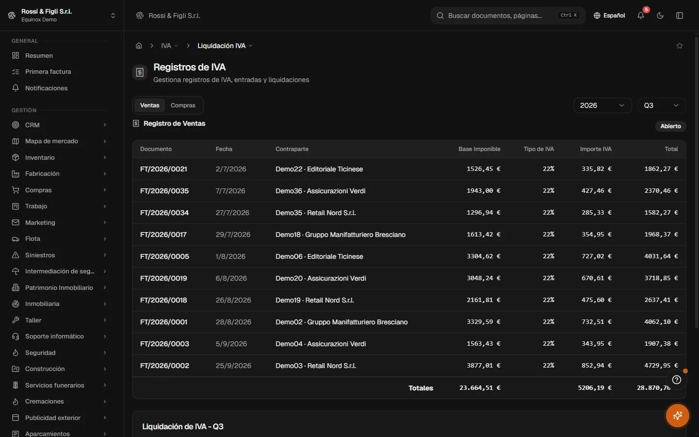 El área de IVA de Equinox: registros periódicos de IVA de una empresa demo con bases imponibles, tipos y totales de IVA por periodo.