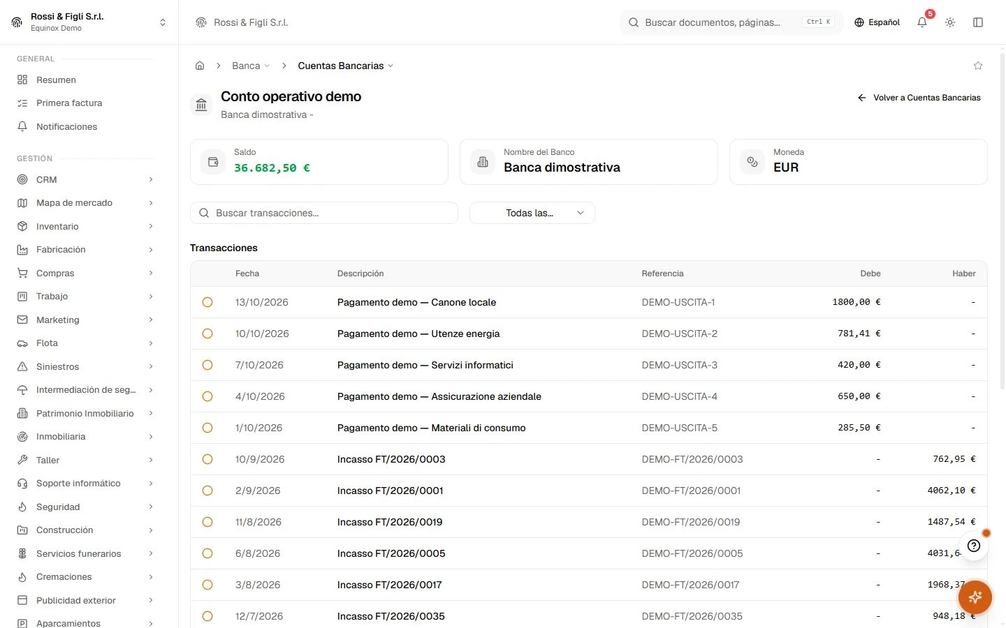 La lista de movimientos de una cuenta de empresa en Equinox: movimientos fechados con descripciones, referencias, categorías e importes con signo.