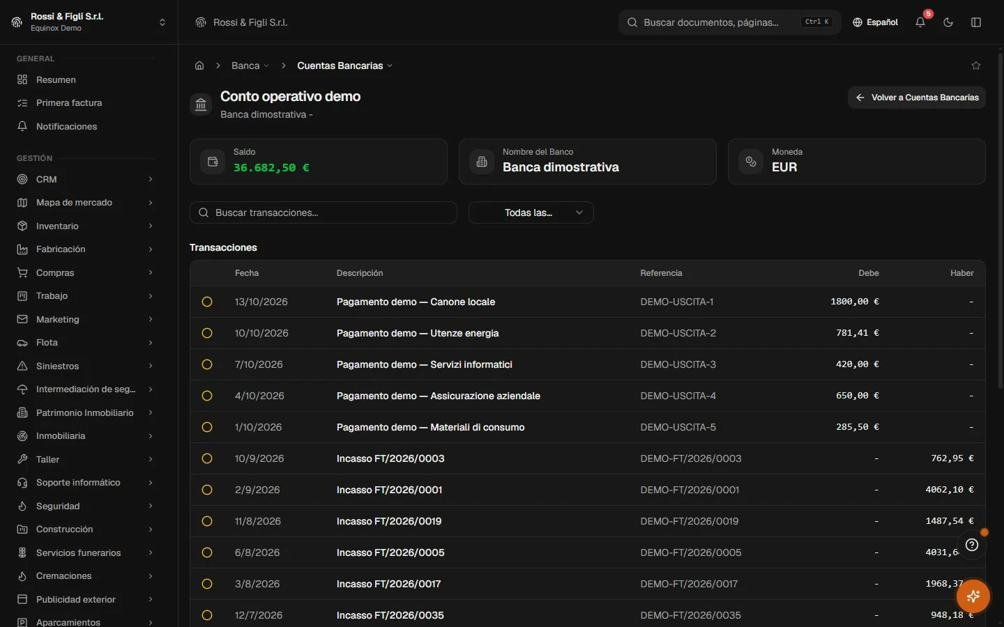La lista de movimientos de una cuenta de empresa en Equinox: movimientos fechados con descripciones, referencias, categorías e importes con signo.