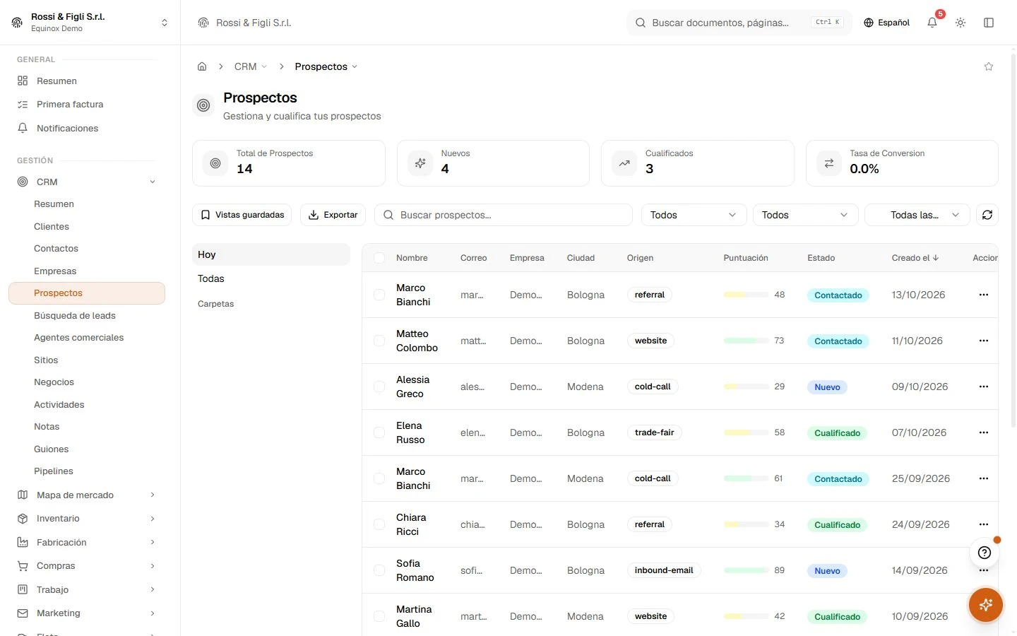 La lista de leads de Equinox: tres leads de una empresa demo con origen, barra de puntuación, estado y fecha de creación, además de los totales y la tasa de conversión arriba.