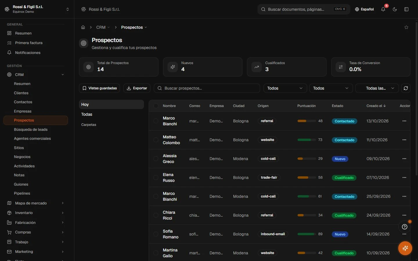 La lista de leads de Equinox: tres leads de una empresa demo con origen, barra de puntuación, estado y fecha de creación, además de los totales y la tasa de conversión arriba.