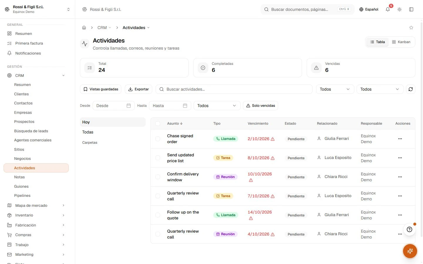La lista de actividades de Equinox: llamadas, una reunión, tareas y un email de una empresa demo con tipo, asunto, fecha límite y estado.