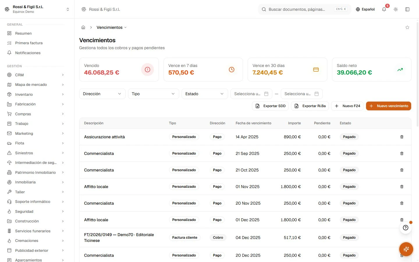El calendario de vencimientos de Equinox: vencimientos de pago de una empresa demo con dirección, importes, residuales, fechas de vencimiento y estados.