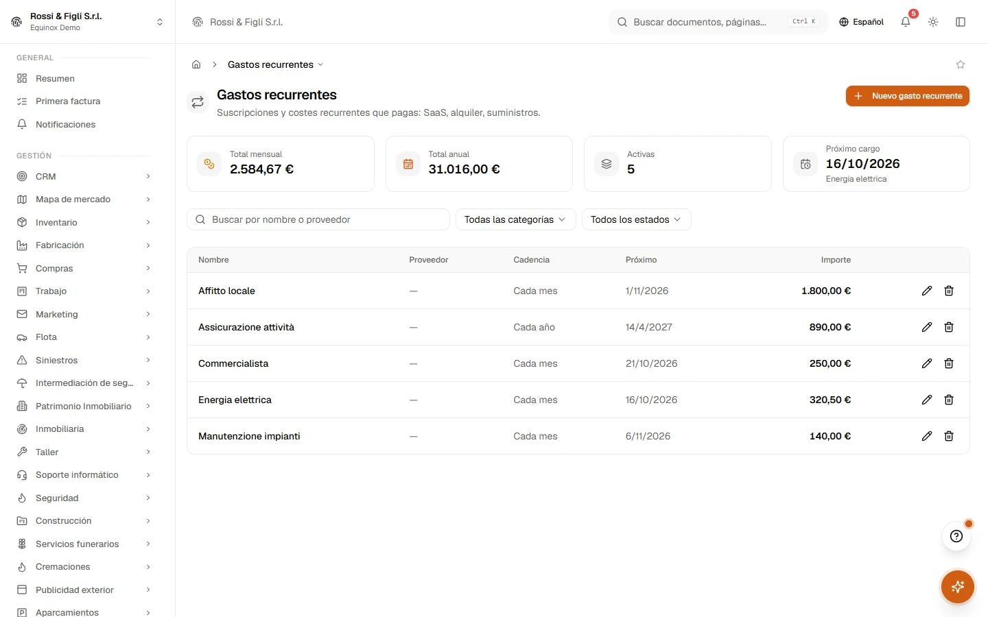 La vista de gastos recurrentes de Equinox: plantillas de gasto de una empresa demo con frecuencia, importe y próxima ocurrencia.