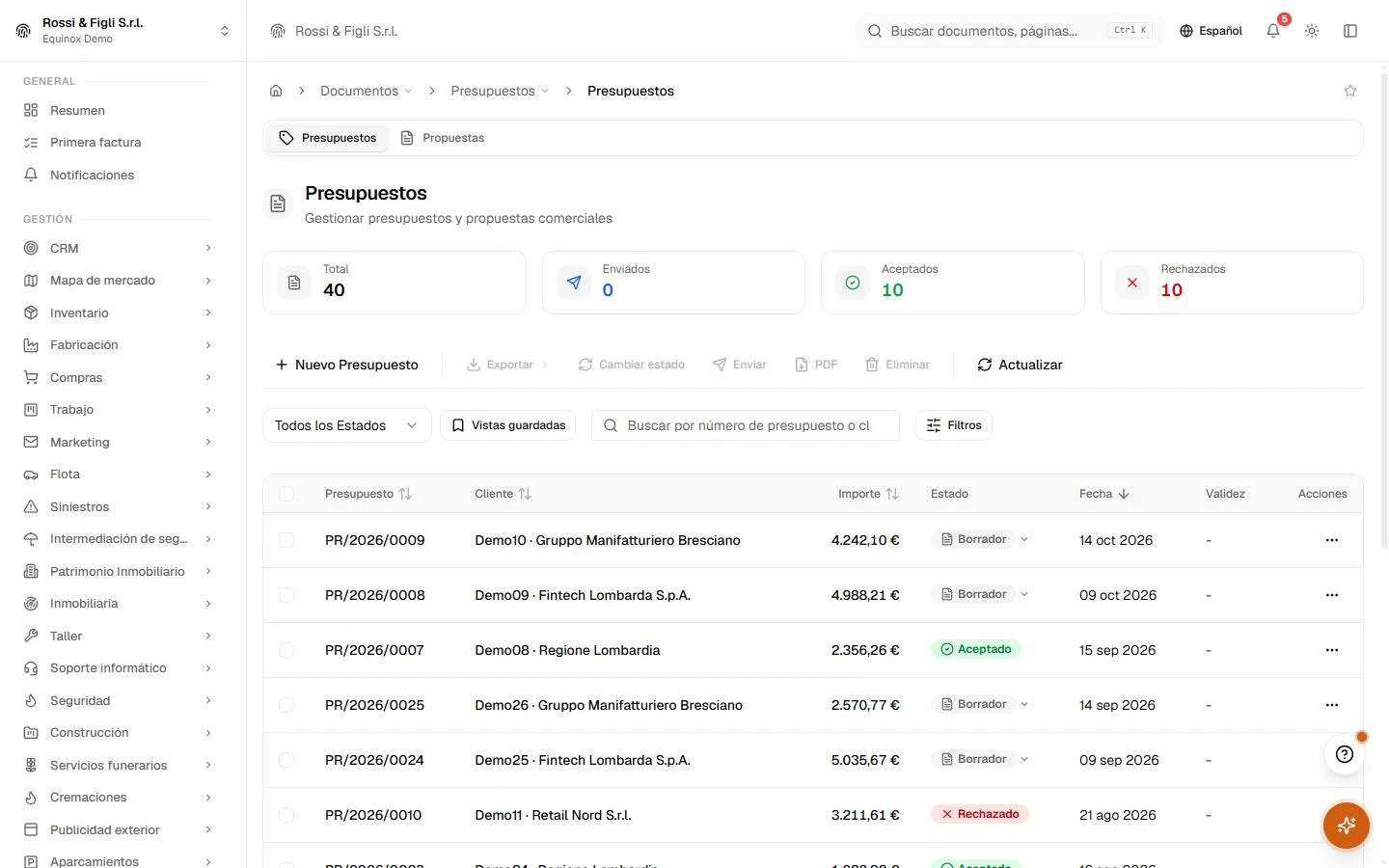 La lista de presupuestos de Equinox: presupuestos de una empresa demo con números, clientes, importes y estados.