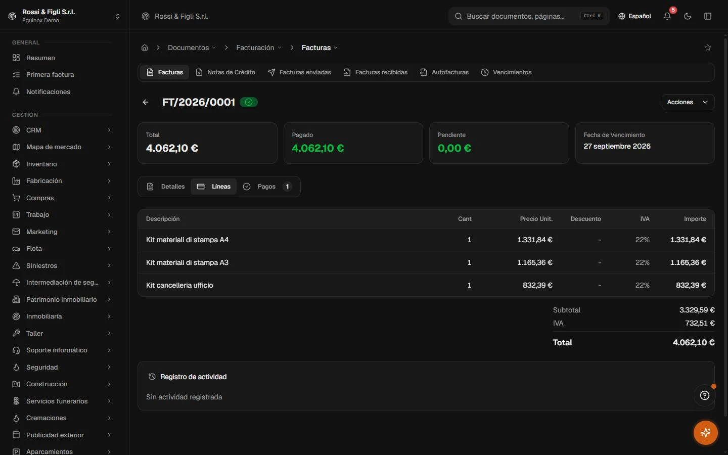 Facturación electrónica — Equinox en uso · datos de demostración