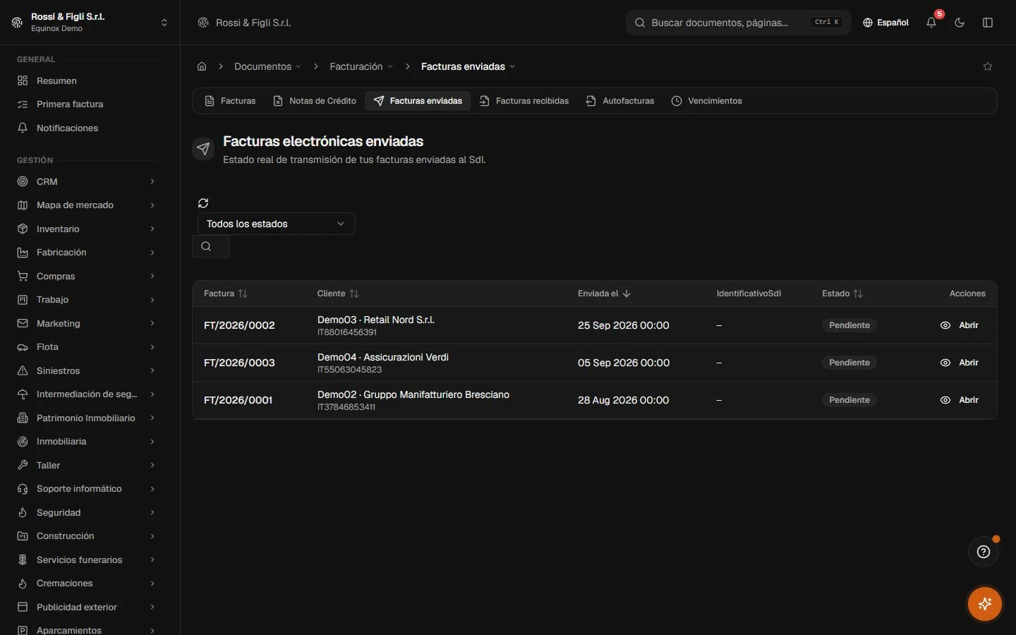 La vista de factura electrónica de Equinox: transmisiones al sistema de intercambio con su estado actual para una empresa demo.