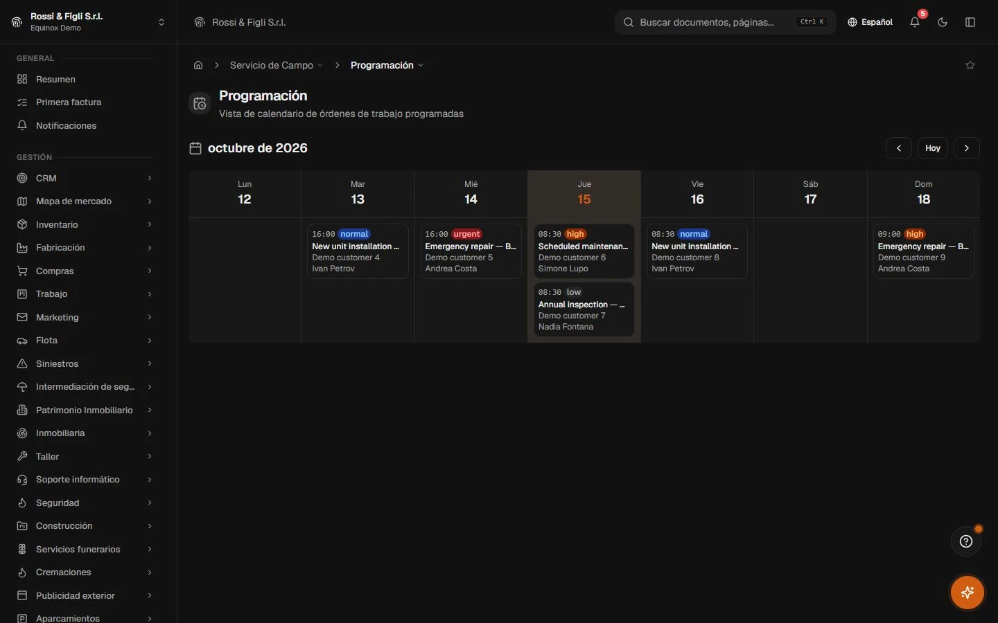 Dentro de Equinox — Equinox en uso · datos de demostración
