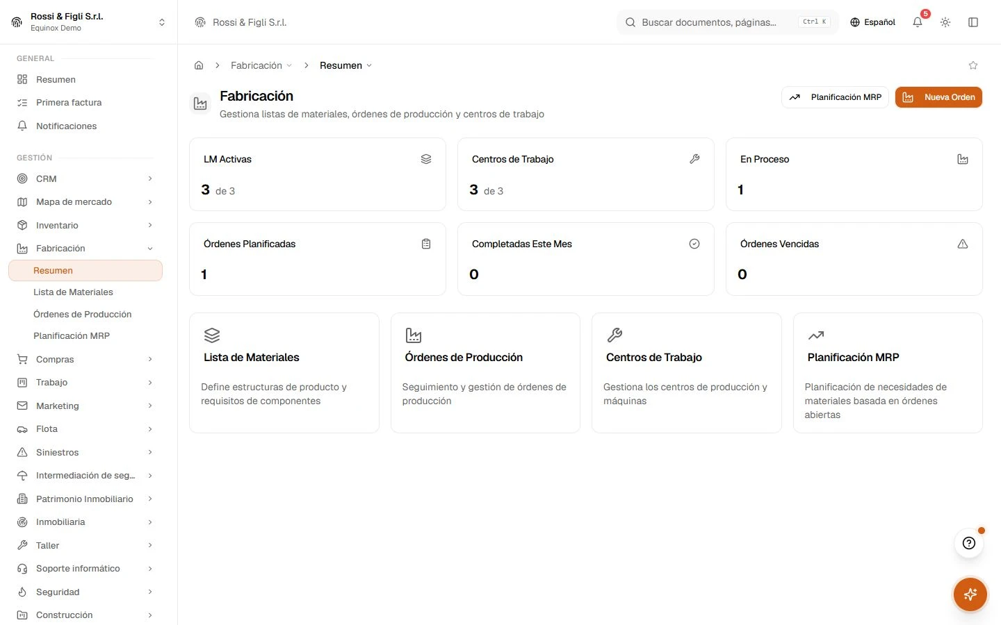 La panorámica de producción de Equinox: contadores de listas de materiales activas, centros de trabajo y órdenes de producción en curso, planificadas y atrasadas, de un taller de muebles demo.