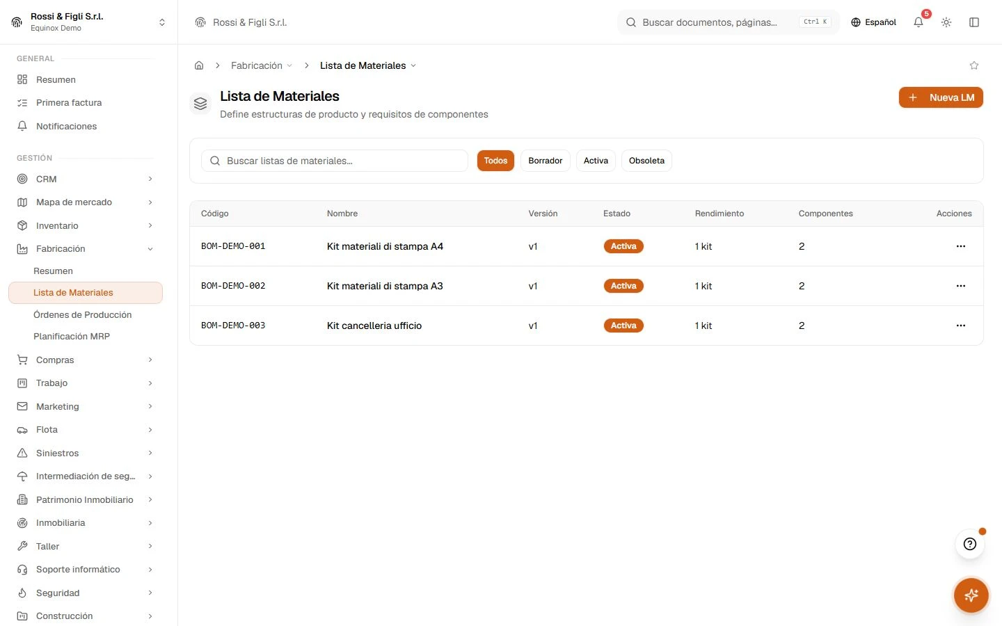 Una lista de materiales en Equinox: componentes con porcentajes de merma, tres operaciones con tiempos de preparación y de ciclo en dos centros de trabajo, una línea de desecho y un coste estándar calculado de 71,92 €.