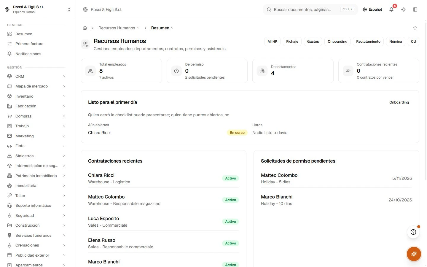 El panel de RR. HH. de Equinox: contadores de plantilla y departamentos, contrataciones recientes, solicitudes de permiso pendientes y contratos por vencer de una empresa demo.