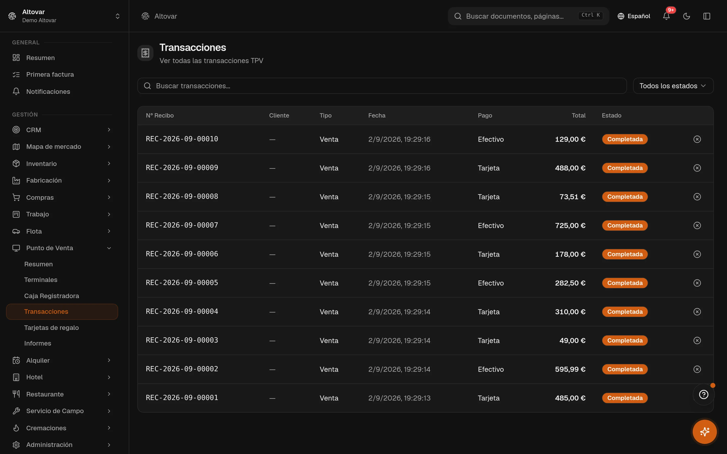 La lista de transacciones de caja de Equinox: ventas de una tienda demo con número de ticket, tipo, fecha, método de pago, total y estado.