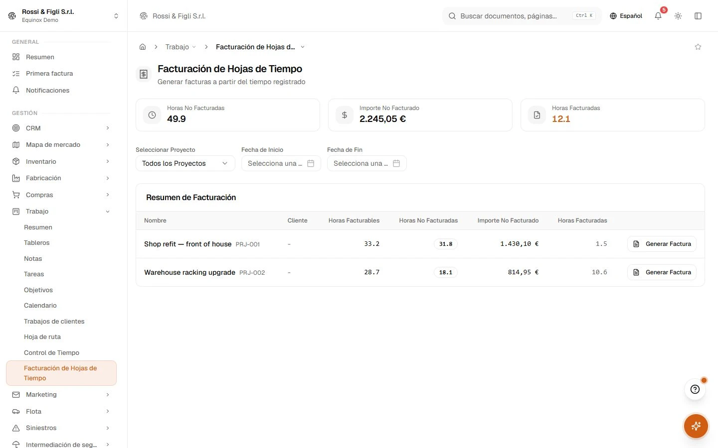 La página de facturación del timesheet de Equinox: horas no facturadas e importes agrupados por proyecto y cliente — 1.755,00 € y 247,50 € — cada uno con su botón de generar factura.