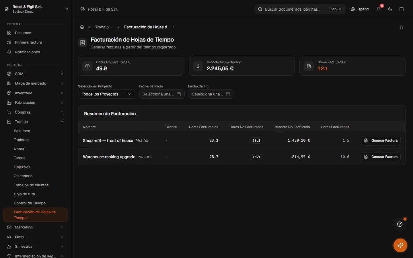La página de facturación del timesheet de Equinox: horas no facturadas e importes agrupados por proyecto y cliente — 1.755,00 € y 247,50 € — cada uno con su botón de generar factura.