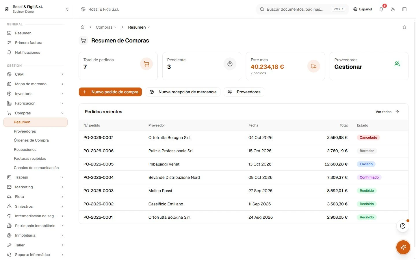 La panorámica de compras de Equinox: estadísticas de pedidos, valor del mes y los últimos pedidos a proveedor de una empresa demo.