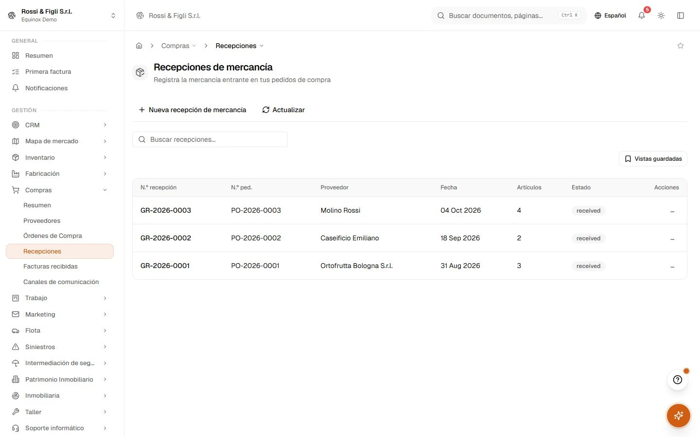 El listado de recepciones de mercancía de Equinox: recepciones numeradas con su pedido de compra, proveedor, fecha y estado.