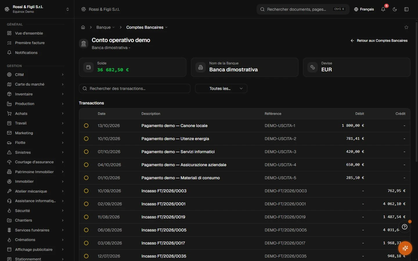 La liste des mouvements d’un compte d’entreprise dans Equinox : des mouvements datés avec descriptions, références, catégories et montants signés.