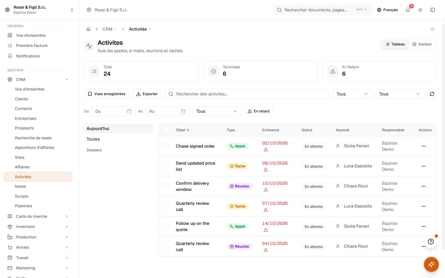 La liste des activités d’Equinox : des appels, une réunion, des tâches et un e-mail d’une entreprise de démonstration avec type, objet, échéance et statut.