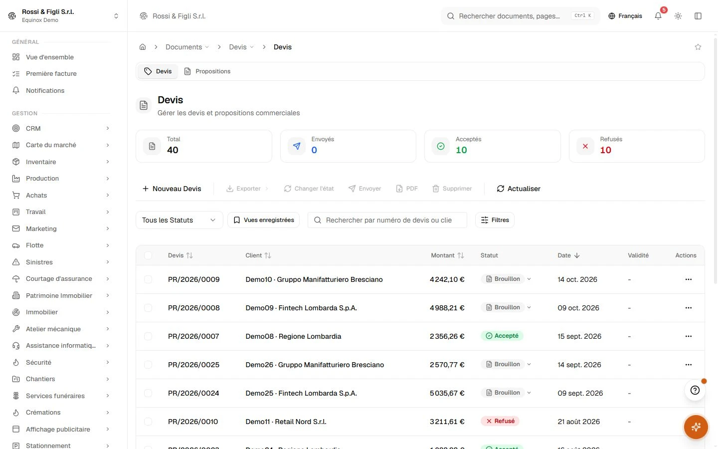 La liste des devis d’Equinox : devis d’une entreprise de démonstration avec numéros, clients, montants et statuts.