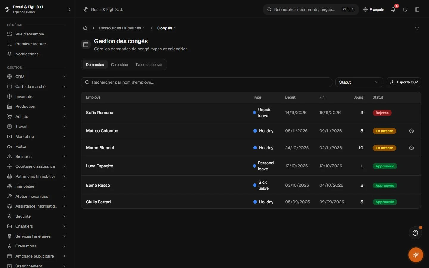 La page de gestion des congés d’Equinox : quatre demandes avec types colorés, dates, nombre de jours, statuts d’approbation et actions approuver/refuser.