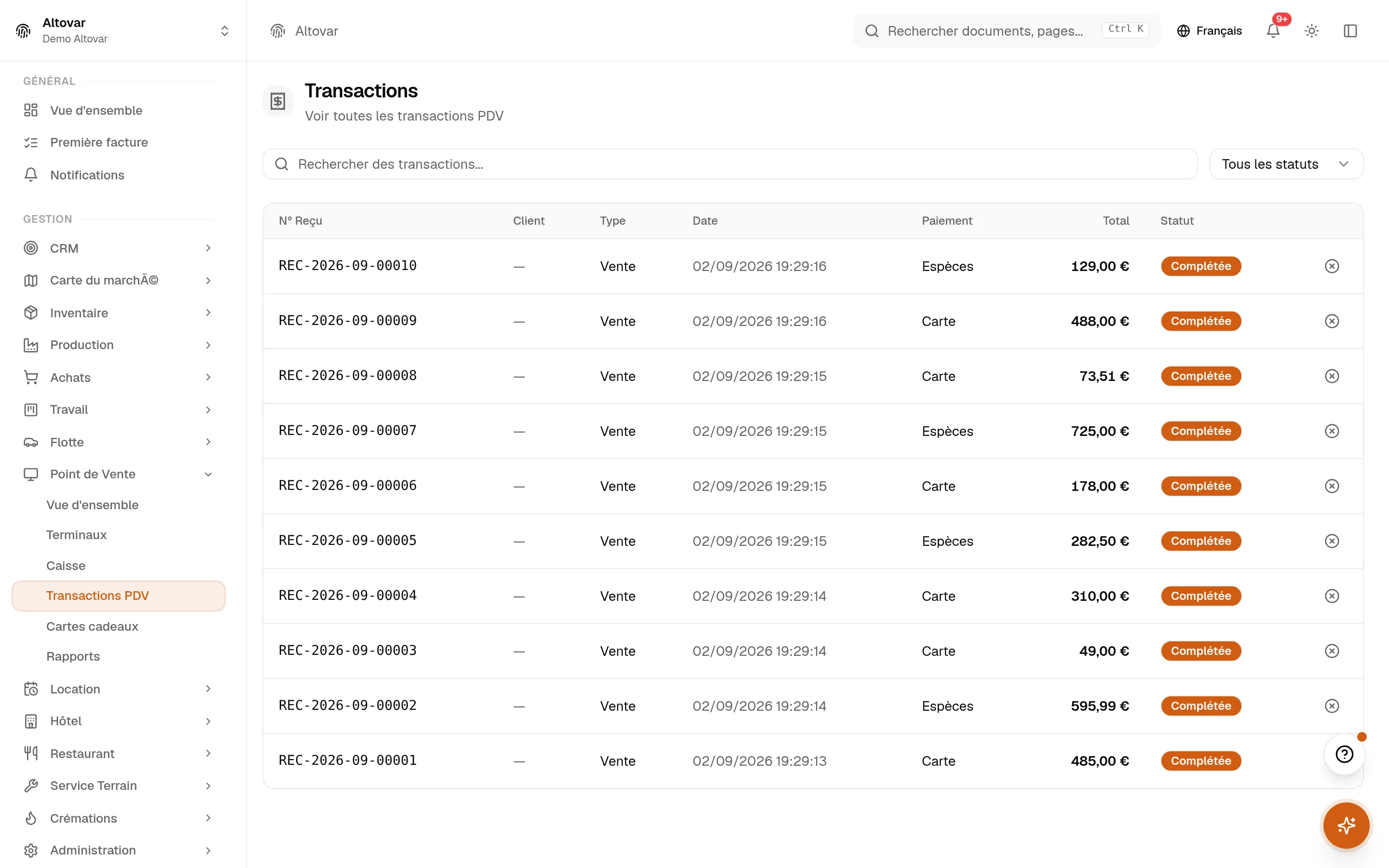 La liste des transactions de caisse Equinox : ventes d'une boutique démo avec numéro de ticket, type, date, moyen de paiement, total et état.
