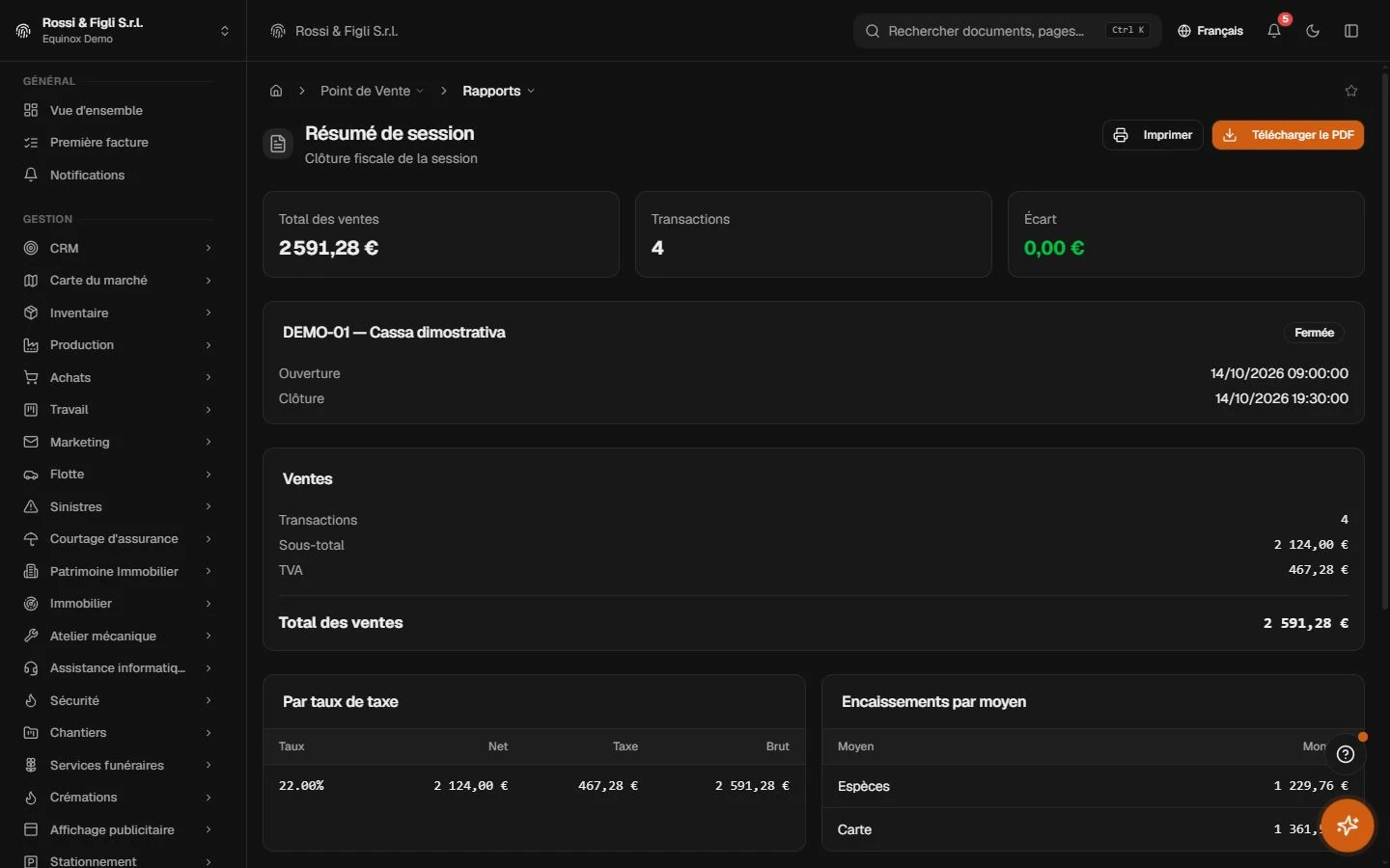 Le résumé de session de caisse Equinox : ventes totales, transactions, répartition par taux de TVA et par moyen de paiement.