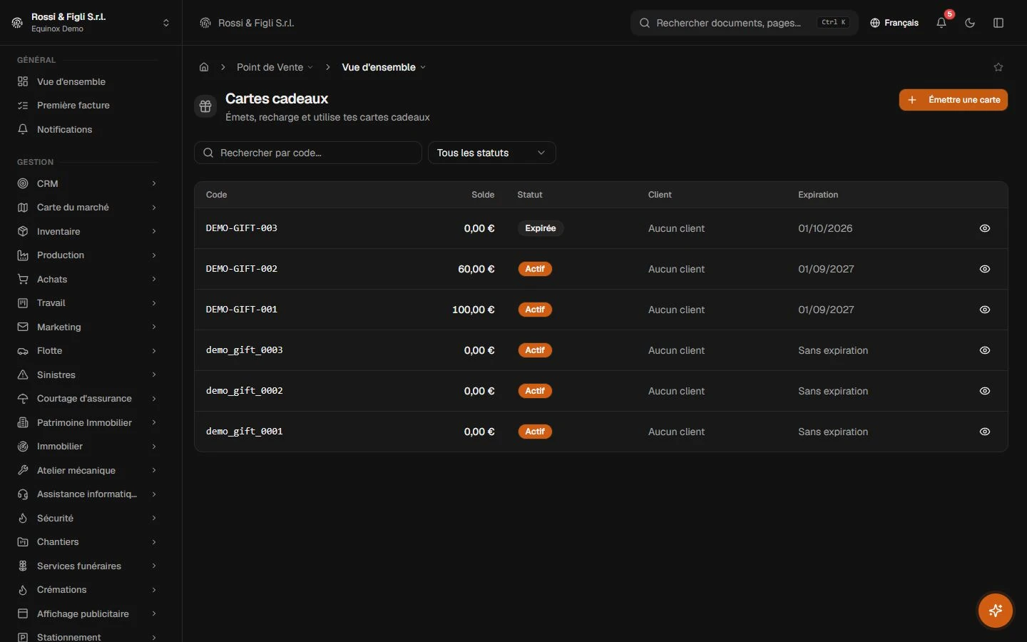 La liste des cartes cadeaux Equinox : cartes d'une boutique démo avec code, solde, état et expiration.