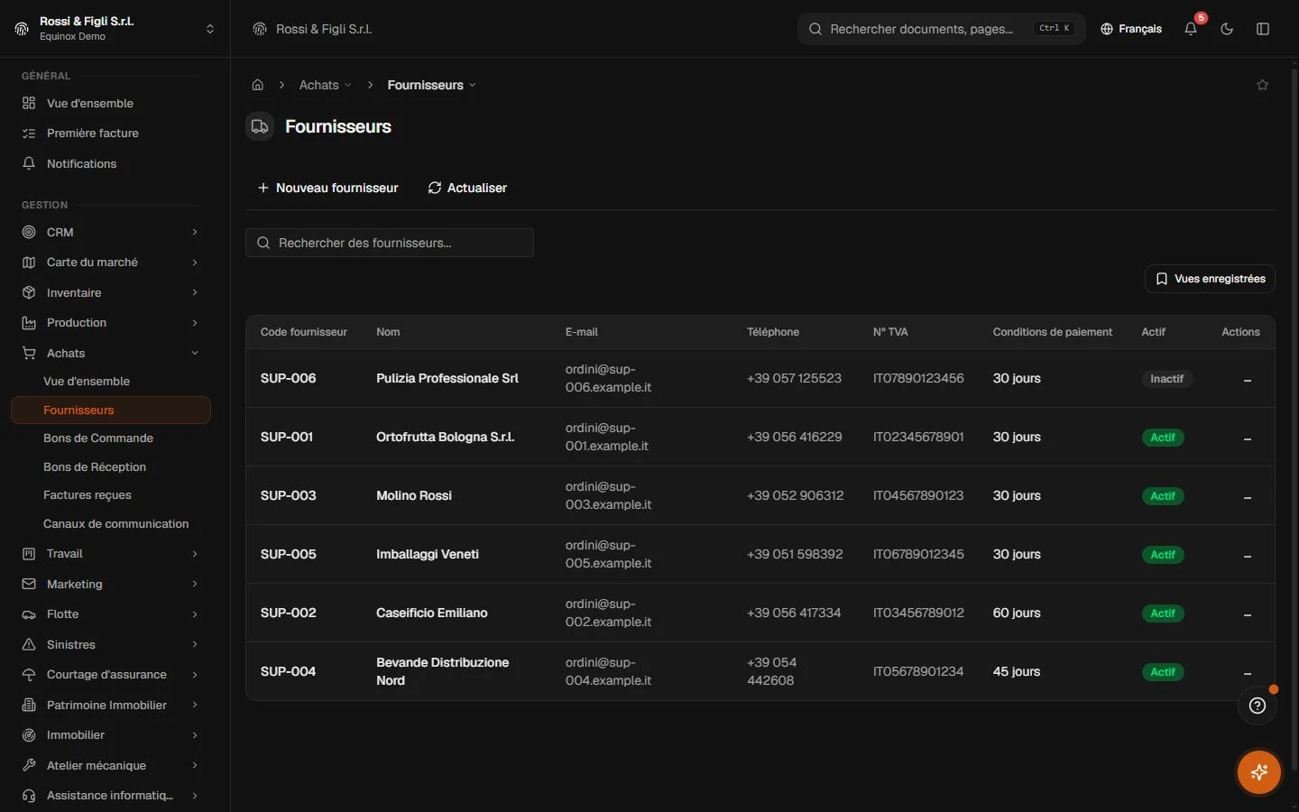 La liste des fournisseurs d’Equinox : codes, noms, coordonnées, partita IVA et conditions de paiement.