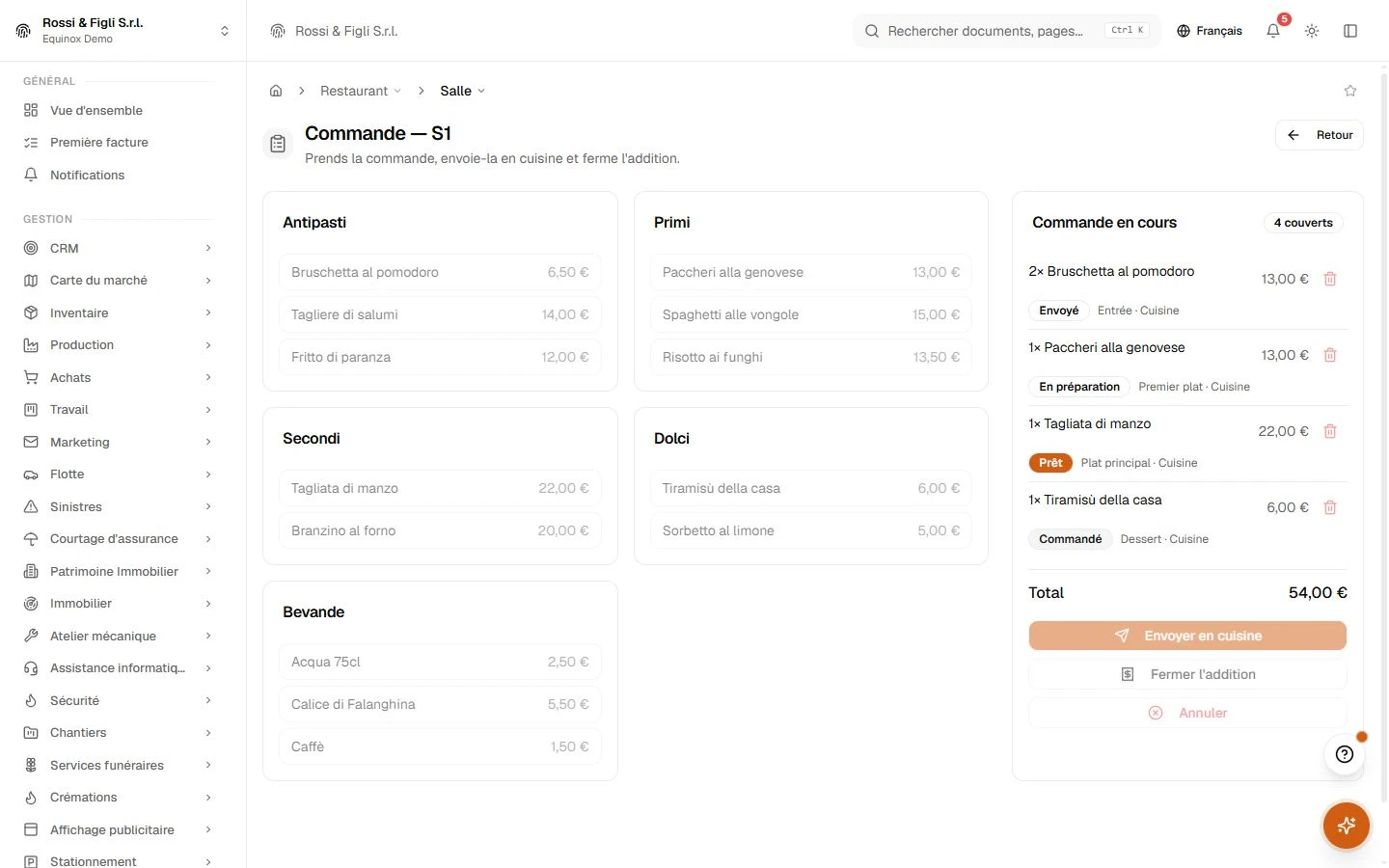 L’écran de commande à table d’Equinox : le menu d’une trattoria de démonstration par catégorie d’un côté, la commande ouverte de la table avec quantités, notes et total courant de l’autre.